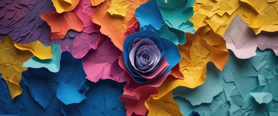 Poster - Colorful arrangement of layered paper with a central rose design on a textured background