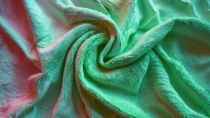 Poster - Wrinkled fabric background texture in green and pink tones with intricate patterns and soft folds for artistic design use