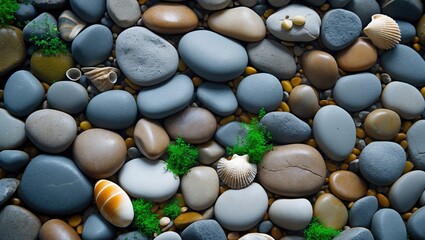 Poster - colorful pebbles and seashells with green moss on a smooth stone surface in natural light positioned