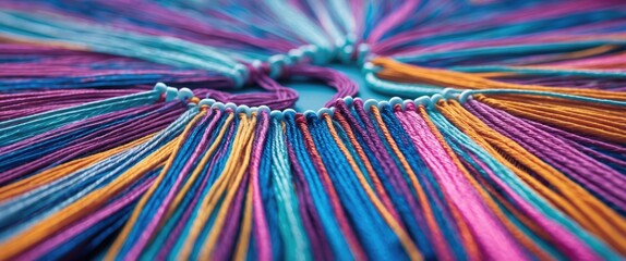 Poster - Colorful threads arranged in a circular pattern showcasing various hues of blue, pink, orange, and purple in a close-up view