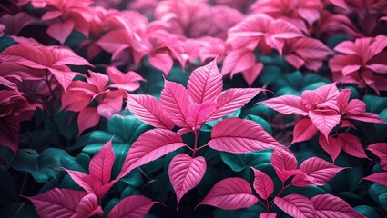 Poster - Vibrant foliage with deep pink and green leaves creating a lush tropical background in natural light