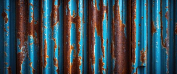 Poster - Rusty blue corrugated metal wall with peeling paint and texture details on surface
