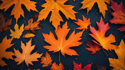 Poster - Colorful autumn leaves scattered on dark surface in varying shades of orange, red, and yellow during fall season