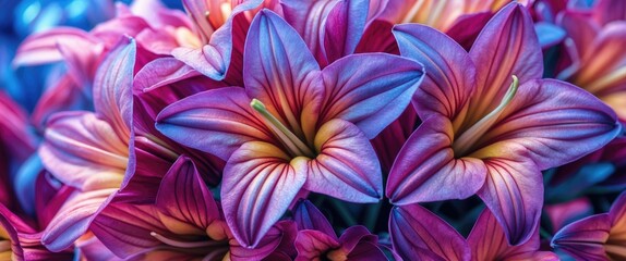 Poster - Vibrant close-up of colorful lily flowers with intricate petal details in shades of pink, purple and yellow against a blurred background