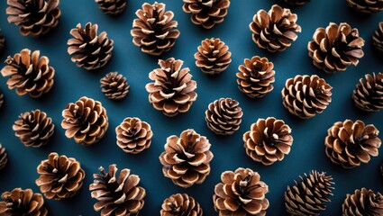 Poster - Pine cones arranged in a flat lay composition on a textured blue background for natural decor and design themes