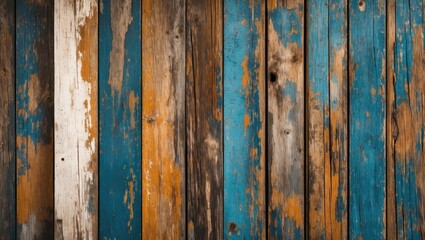 Wall Mural - Weathered wooden wall with blue, orange, and white paint in vertical planks, showing texture and rustic charm.