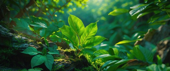 Poster - lush green foliage in a tranquil forest setting with rays of light illuminating vibrant leaves and m