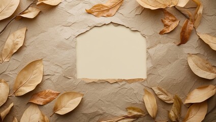 Poster - Brown crumpled paper background with dried leaves framing an empty space for text or images