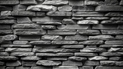 Poster - Black and white textured stone wall background with various sized stacked stones arranged in a uniform pattern