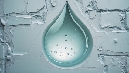 Poster - Water droplet shape with reflections on textured wall background featuring light and shadows in a minimalistic design