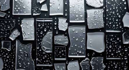 Poster - Abstract composition of transparent glass pieces with water droplets on a dark background showcasing a variety of shapes and textures