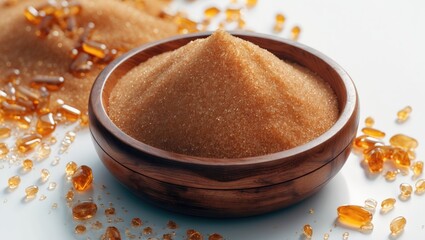 Wall Mural - Brown sugar heap in a wooden bowl with scattered sugar crystals and a clean white background for culinary or baking themes.