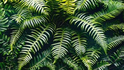 Poster - lush green fern leaves background with intricate patterns and textures in a natural setting.