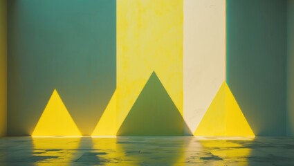 Poster - Geometric wall patterns with colored shadows in an indoor setting with natural light highlighting textures and angles.