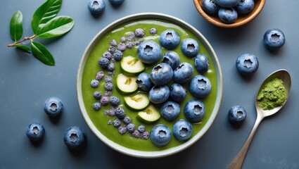 Wall Mural - Colorful Spirulina Matcha Smoothie Bowl with Blueberries and Toppings on a Stylish Table with Space for Custom Text.