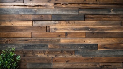 Poster - wooden wall texture with natural wood planks in varying shades of brown and a small green plant in t