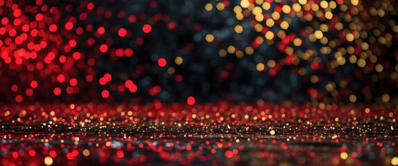 Poster - Red and gold blurred lights background with bokeh effect in dark setting creating festive and celebratory atmosphere