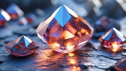 Poster - Colorful sparkling gemstones displayed on a textured surface with dramatic lighting highlighting their facets and reflections.