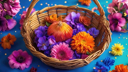 Poster - Colorful floral arrangement in woven basket surrounded by vibrant flowers on blue background. Decorative and festive autumn display.