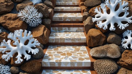 Poster - Stairs with decorative stone and coral elements in a natural outdoor setting representing marine textures and colors