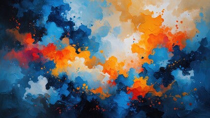 Poster - Colorful abstract painting with blue, orange, and white splatters and textures reminiscent of a vibrant sky or ocean scene.
