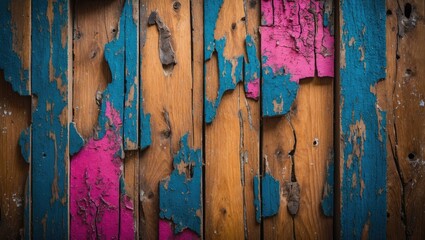Poster - Textured wooden wall with blue and pink peeling paint revealing brown wood underneath in distressed condition.