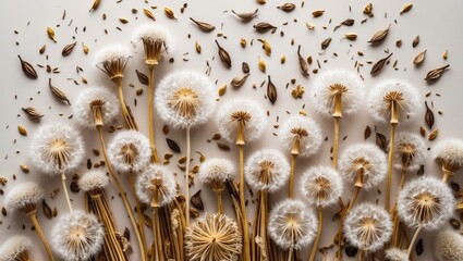 Poster - dandelion seeds and dried plant materials arranged on a neutral background flat lay composition