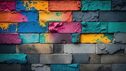 Poster - Colorful textured brick wall with vibrant graffiti paint in shades of blue, orange, pink, green, and gray tones.