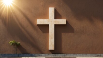 Poster - Stone cross on a textured wall illuminated by sunlight with a small green plant in the foreground and shadows cast behind the cross.