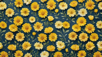 Poster - Yellow flower pattern on dark blue background featuring various types of blooms and green leaves for decorative design purposes