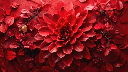 Poster - Red floral arrangement featuring large petals and leaves against a contrasting background with leaf details.