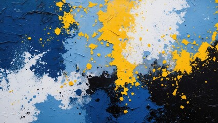 Poster - Abstract textured painting with blue yellow and black splashes on white background