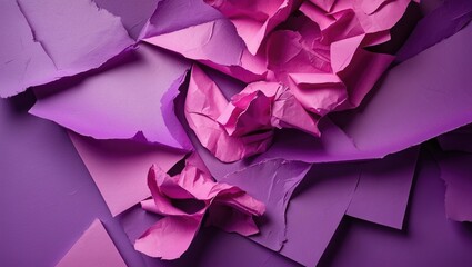 Poster - Colorful layers of crumpled and torn purple paper creating an abstract textured background composition