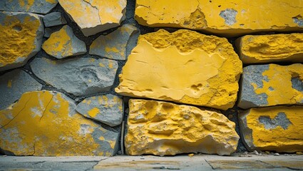 Poster - Textured wall of large, uneven stones with a bright yellow paint finish, showcasing a weathered and rustic appearance.