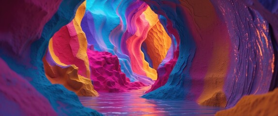 Poster - Colorful abstract cave interior with smooth walls and reflective water surface creating a vibrant atmosphere and dynamic lighting effects