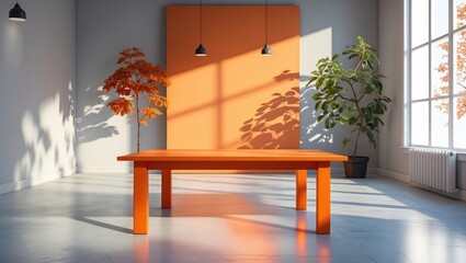 Poster - Modern interior design with orange table, potted plants, and illuminated wall art in spacious room with large windows and natural light.