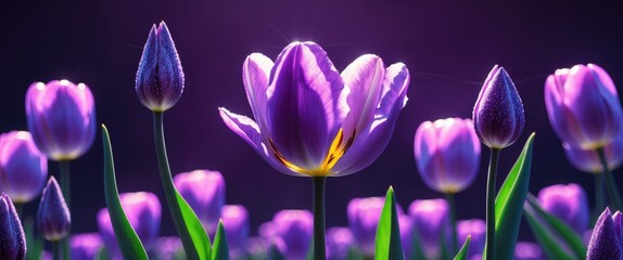 Poster - Purple tulips in a vibrant field with varying stages of bloom against a dark background showcasing natural beauty and detail.