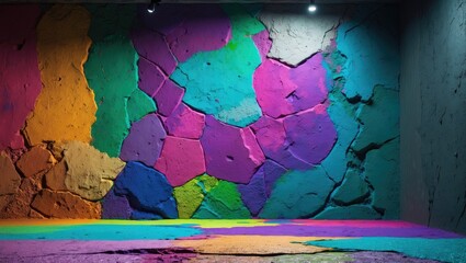 Poster - Colorful textured wall with vibrant abstract paint patterns and shadows in a dimly lit room interior