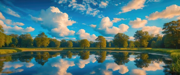 Poster - Tranquil landscape with vibrant green trees reflecting on a calm lake surrounded by blue sky and white clouds.