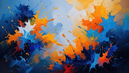 Poster - Abstract expressionist painting in vibrant blues oranges and whites with dynamic paint splashes and strokes on canvas