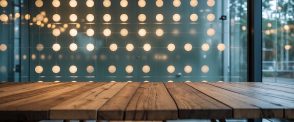 Poster - Wooden table in front of illuminated wall with circular light patterns in contemporary interior setting