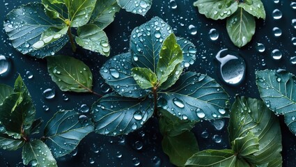 Wall Mural - close-up of green leaves with water droplets on a dark background showcasing natural texture and fre