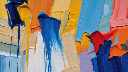 Poster - Colorful abstract oil painting with thick brush strokes and vibrant hues of blue, yellow, red, and orange blending together.