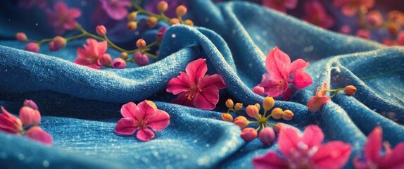 Poster - Colorful cherry blossom flowers on textured blue fabric background with soft lighting and gentle draping effects