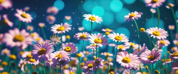 Poster - Vibrant wildflower meadow with pink daisies and yellow centers against a soft blue bokeh background