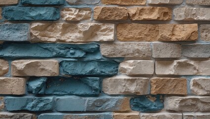 Poster - Textured brick wall with a mix of natural beige and painted blue stones arranged in a random pattern for architectural background use.