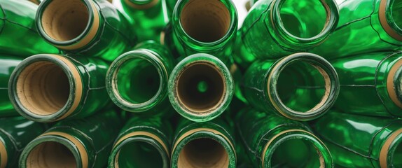 Poster - Green glass bottles stacked in a pile displaying their circular openings and textured surfaces with a focus on symmetry and repetition.
