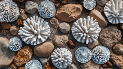 Poster - Coral formations and stones arranged on a textured surface creating a natural marine aesthetic background