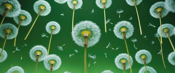 Poster - Dandelion flowers on green background with seeds in the air creating a natural garden scene in soft focus and vibrant colors