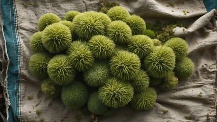 Poster - green spiky spherical objects arranged on a textured fabric background with natural elements and ser